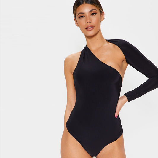 Sexy One-Shoulder Silk Bodysuit