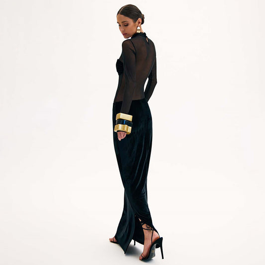 Black Long Sleeve Mesh Velvet Dress