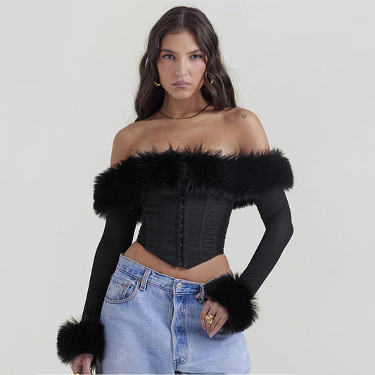 Corset Style Fur Collar Long Sleeve Top