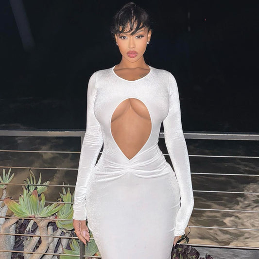 Sexy Cutout Slim Pleated Solid Color Long Sleeve Dress