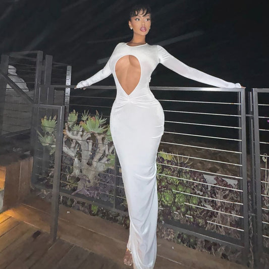 Sexy Cutout Slim Pleated Solid Color Long Sleeve Dress