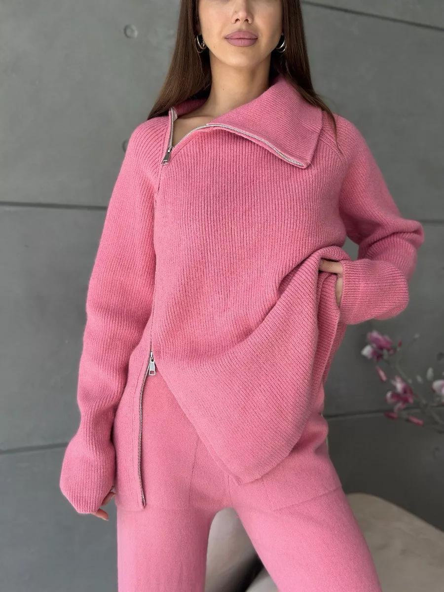 High Collar Zipped Knitted Sweater Suit Set