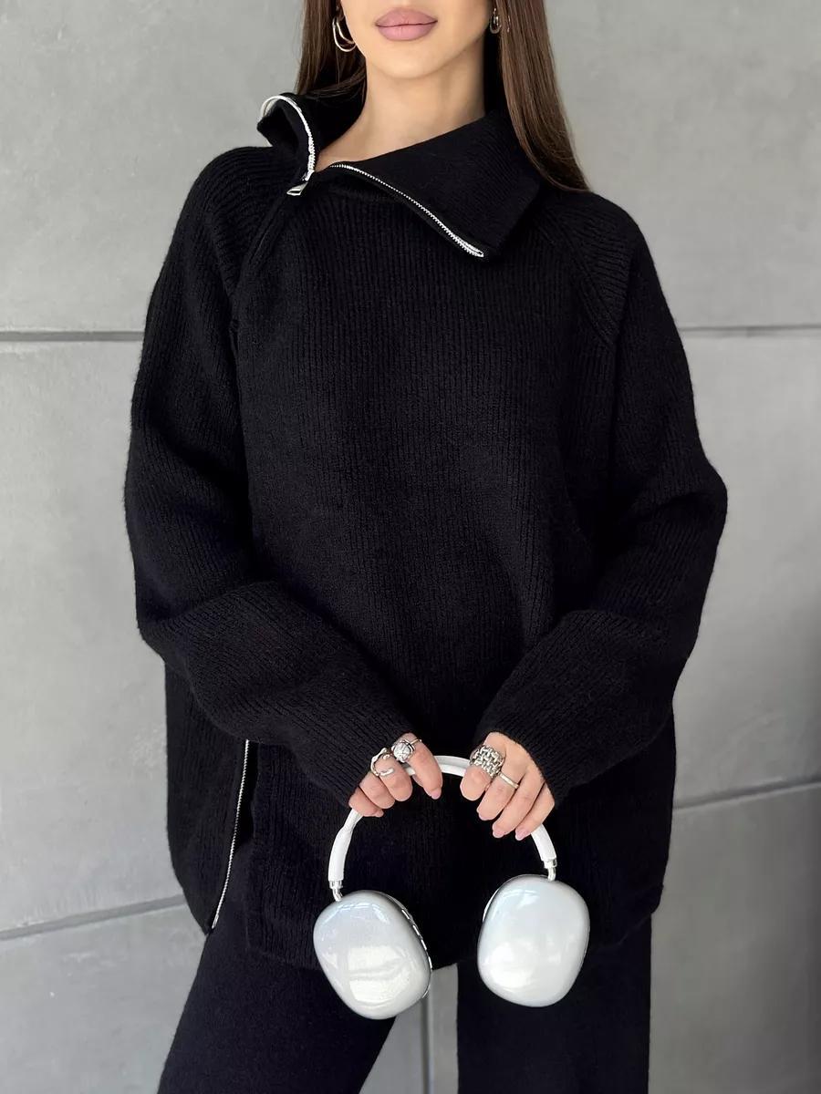 High Collar Zipped Knitted Sweater Suit Set