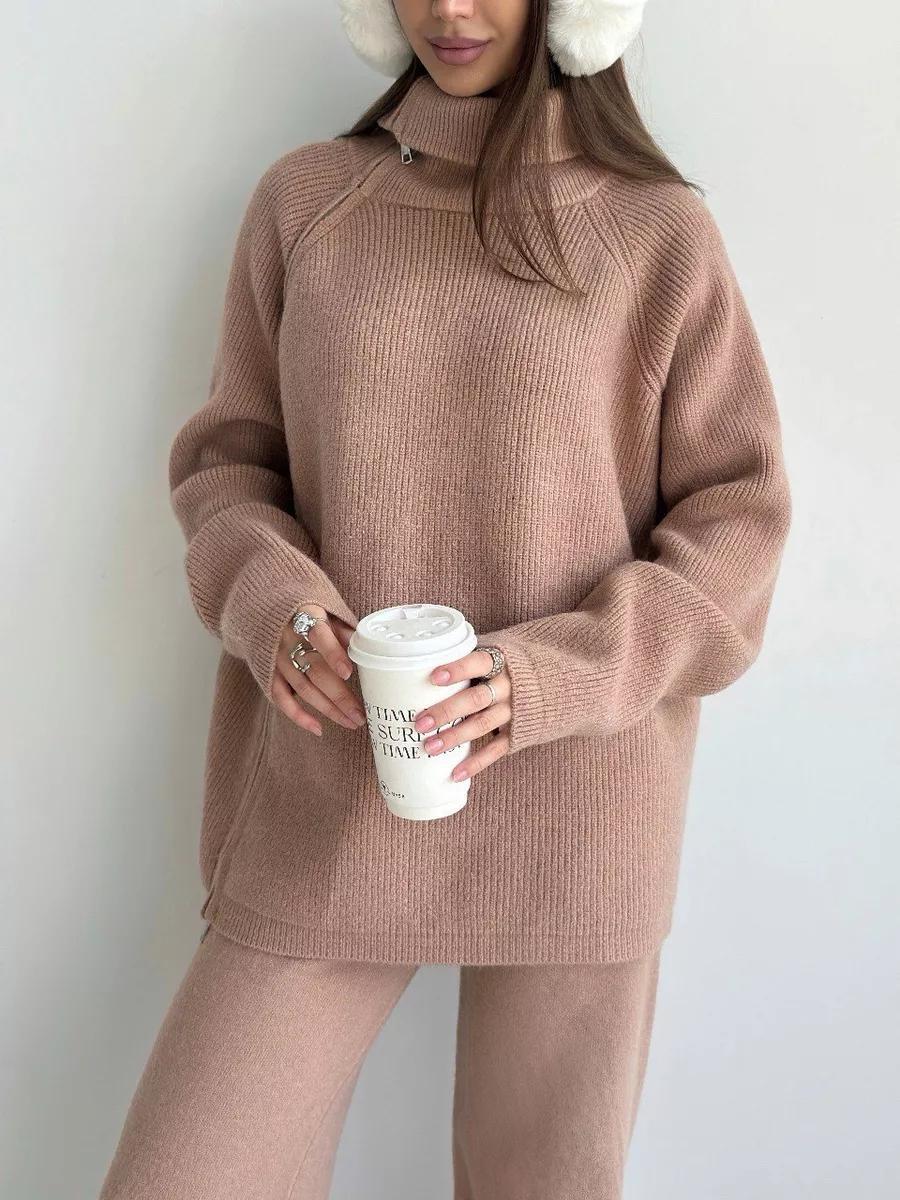 High Collar Zipped Knitted Sweater Suit Set