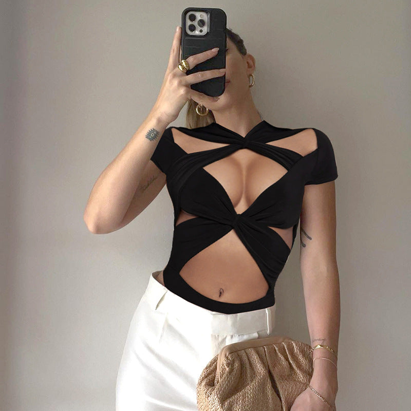 Cross Lace-Up Hollow Out Bodysuit