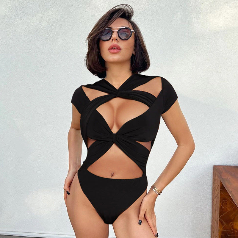 Cross Lace-Up Hollow Out Bodysuit
