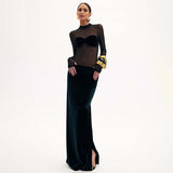Black Long Sleeve Mesh Velvet Dress