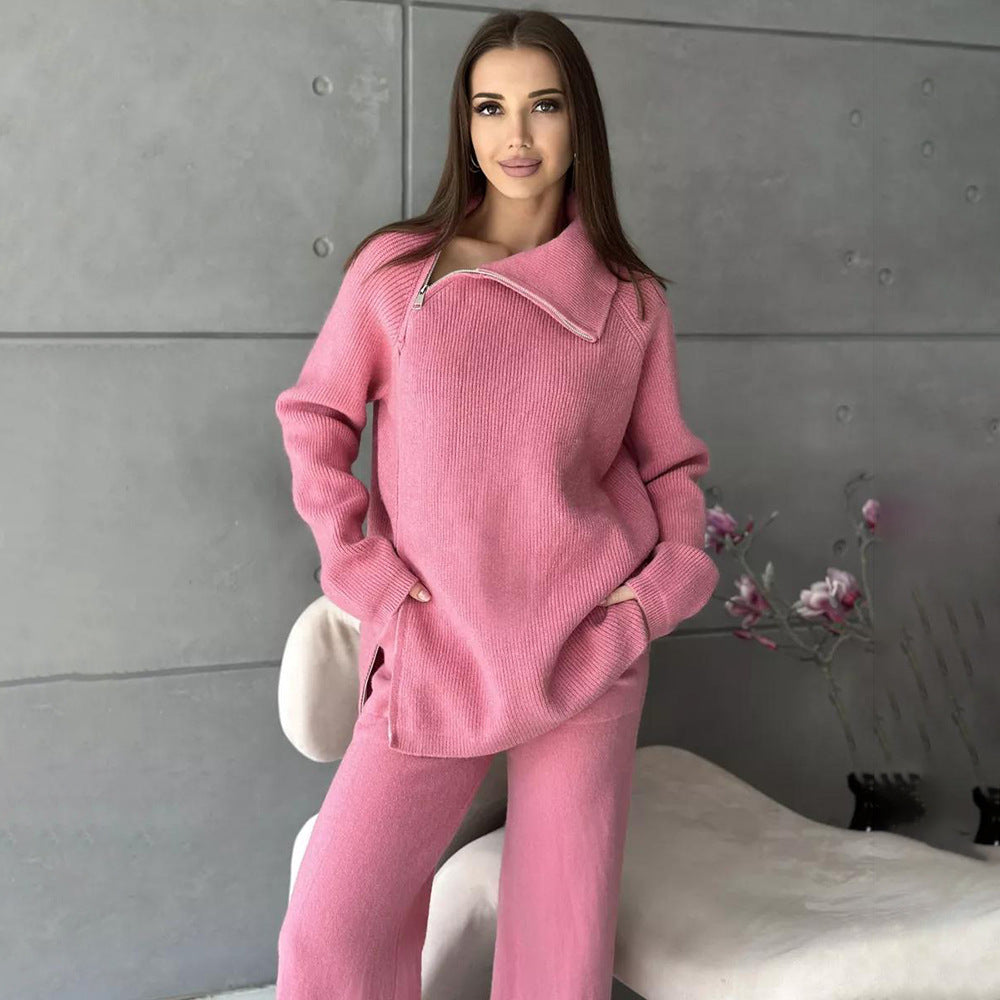 High Collar Zipped Knitted Sweater Suit Set
