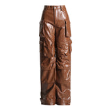 High Waist Pocket Faux Leather Straight Leg