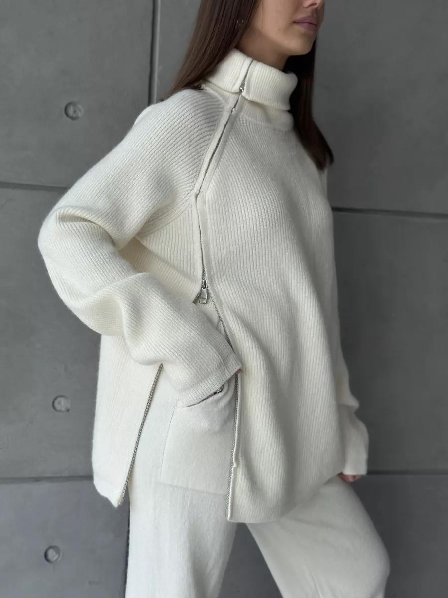 High Collar Zipped Knitted Sweater Suit Set