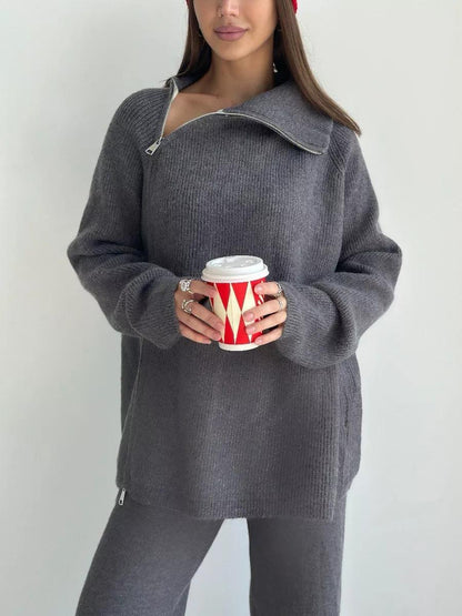 High Collar Zipped Knitted Sweater Suit Set