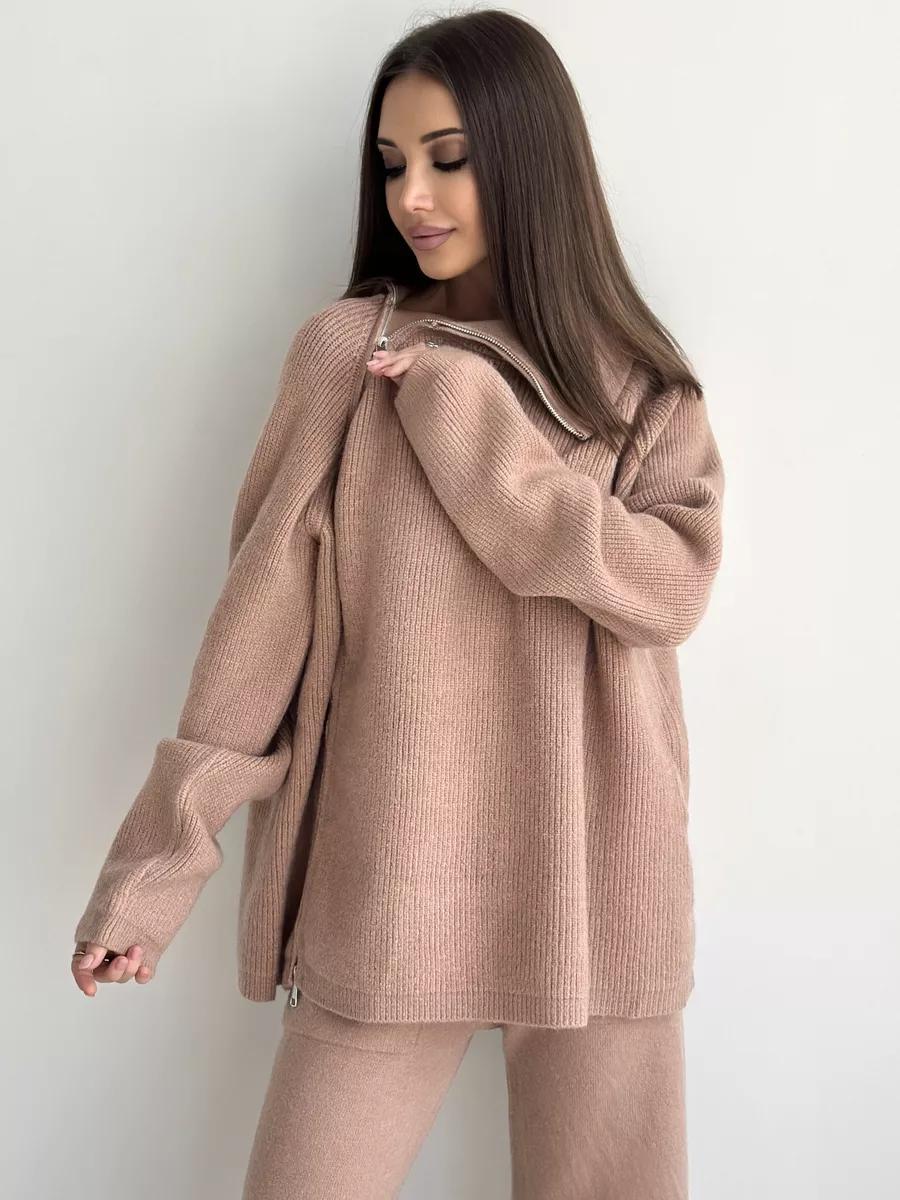 High Collar Zipped Knitted Sweater Suit Set