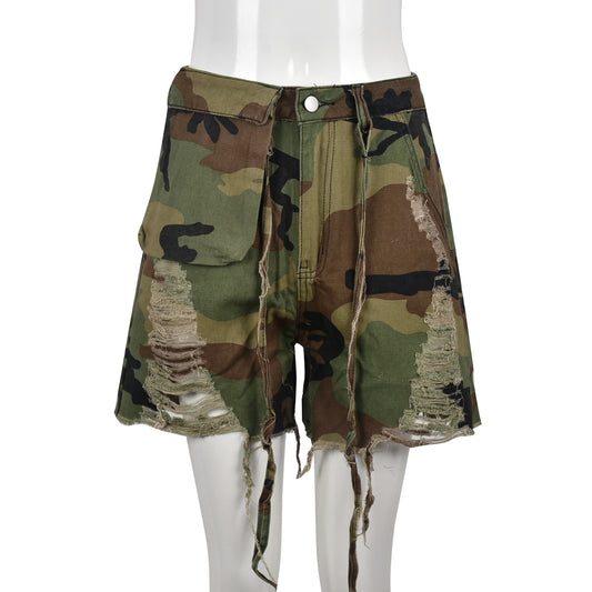 Camo Distressed Tassel Shorts