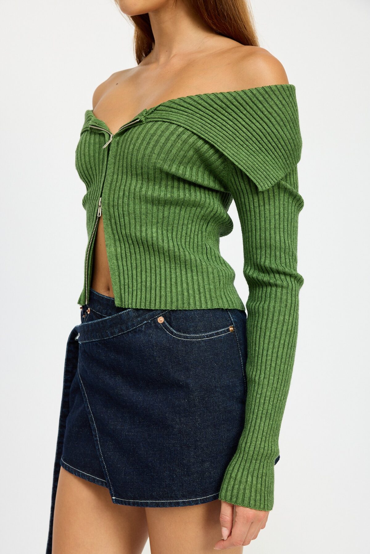 Zip Front Bardot Shoulder Top - Image 2