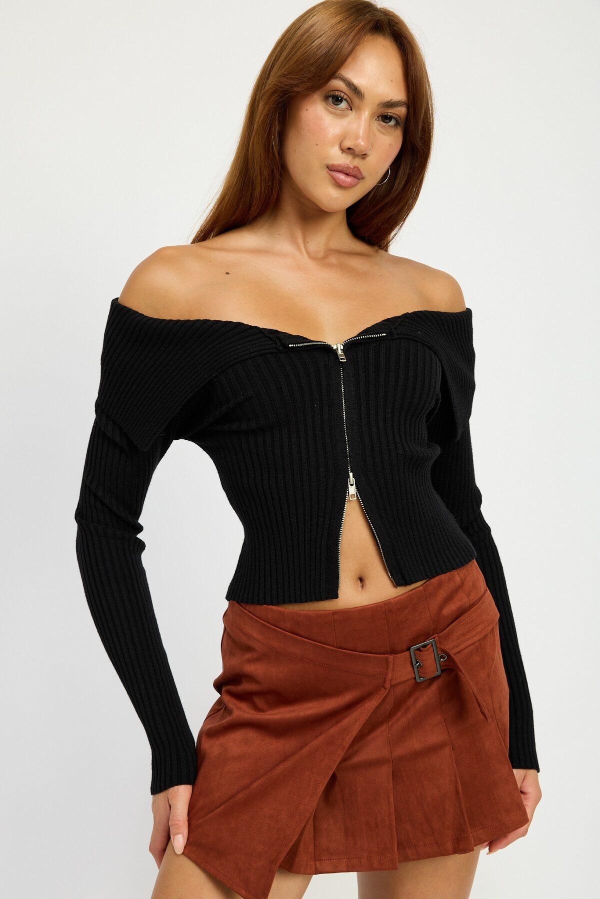 Zip Front Bardot Shoulder Top - Image 7