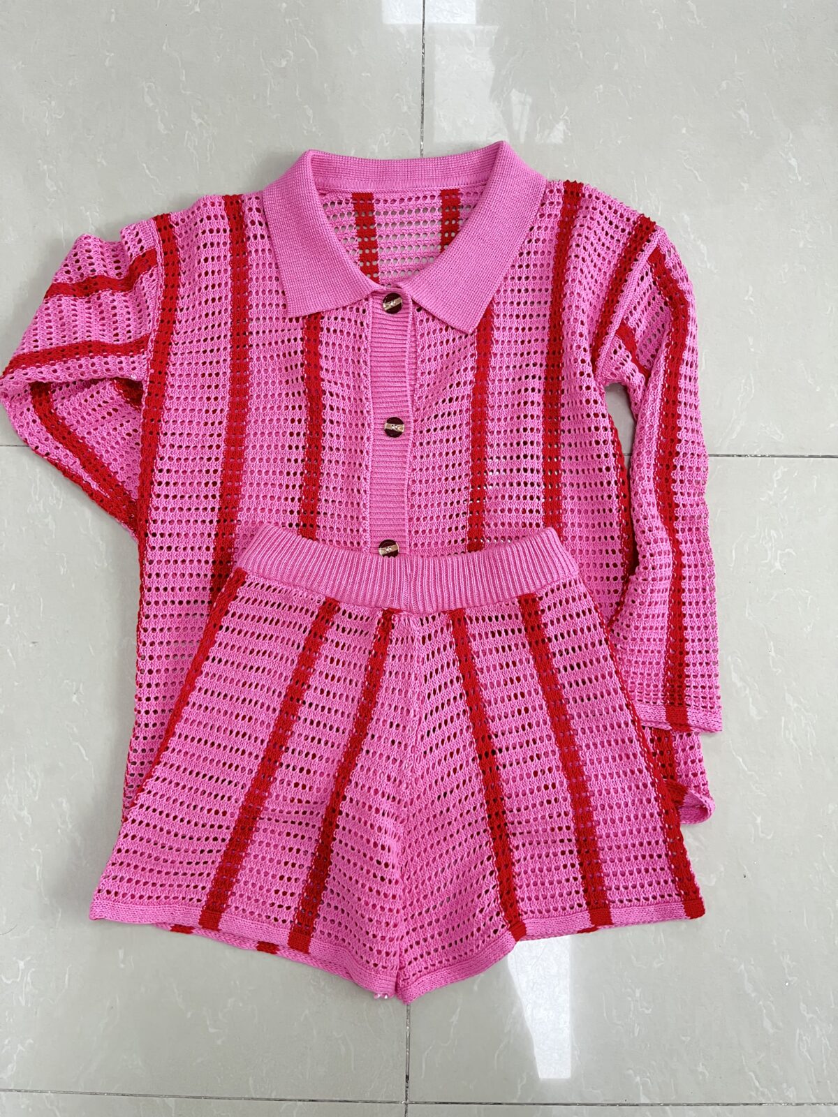 Autumn Sweet Casual Striped Hollow Out Cutout Two Piece Knitted Cardigan Women Coat - Image 8